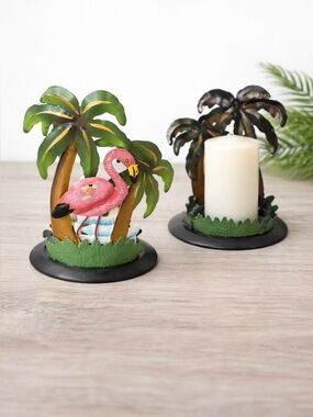 Pink Flamingo and Palm Tree candle holder